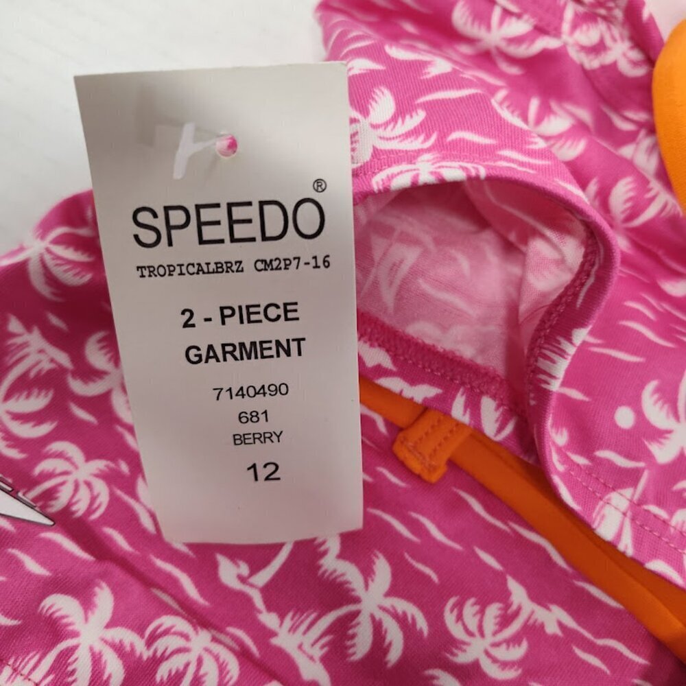 Speedo Tropical Breeze Girls Swimsuit 2 Piece Size 12 NWT Pink with White Palm - Picture 7 of 11